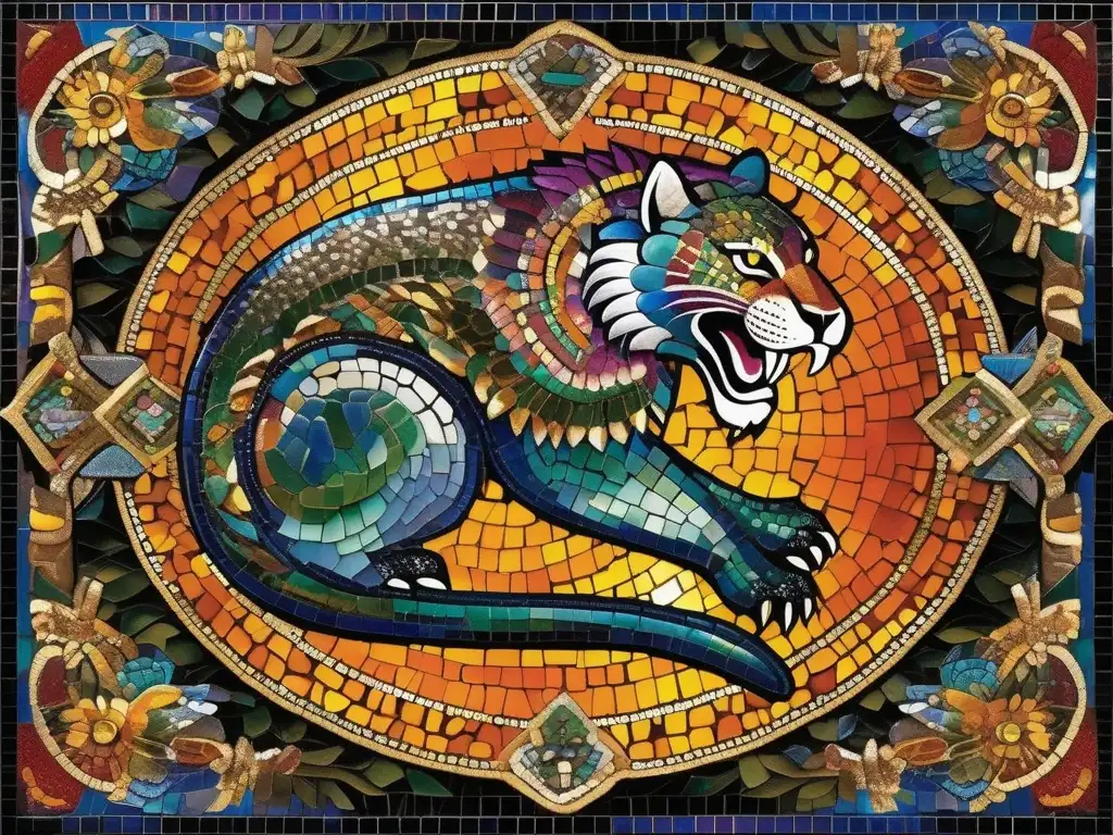Híbrido mítico mesoamericano: fascinante y vibrante mosaico Mosaico de criatura híbrida de la mitología mesoamericana: dioses animales híbridos