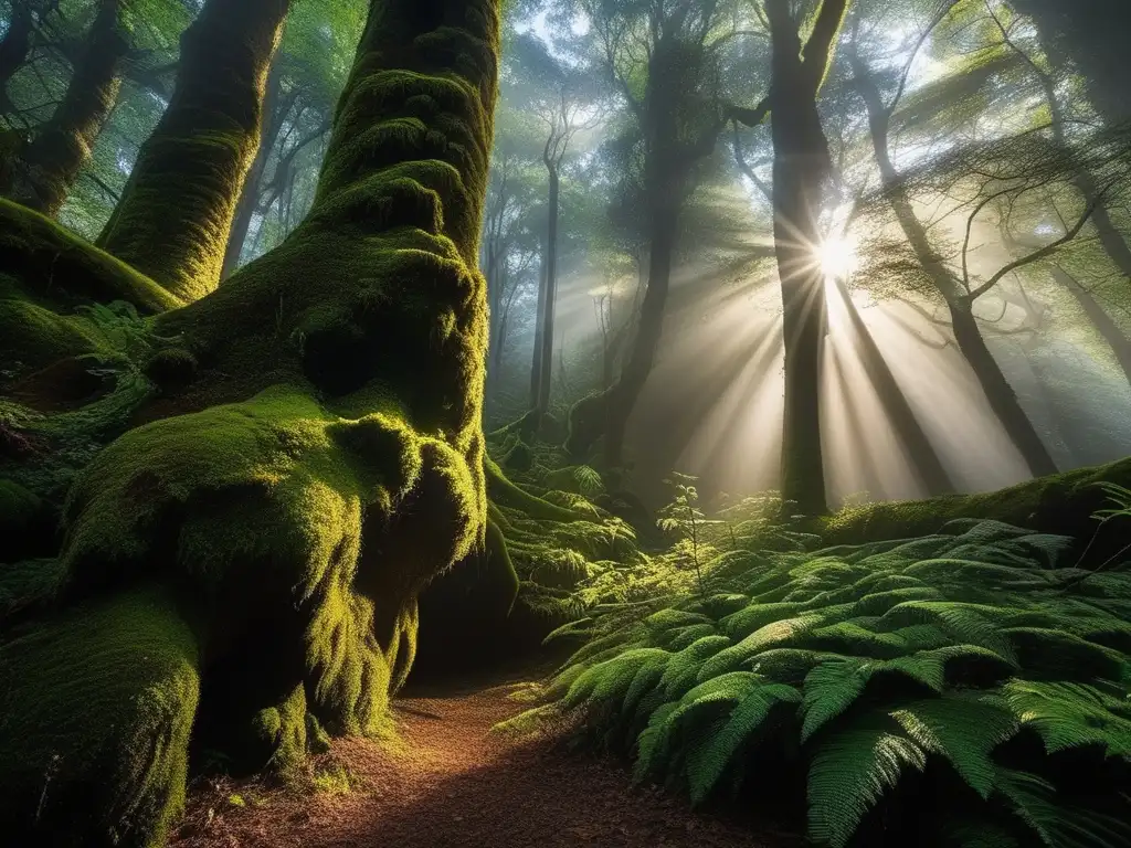 Influencia mascotas mitológicas en leyendas: bosque místico con criaturas mágicas y paisaje encantador