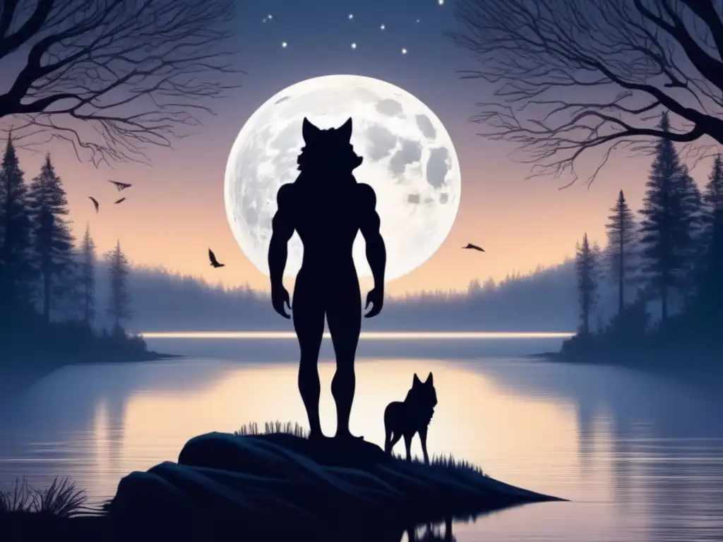 Hombre lobo contempla lago en bosque mágico Hombre lobo en bosque mágico, tatuajes lycanthrope, misterio y transformación