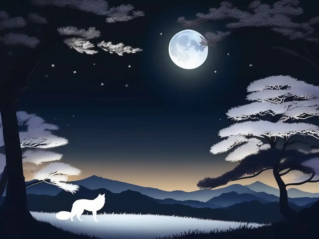 Encantador paisaje de un bosque japonés con luna llena y un majestuoso Inugami - Criaturas mitológicas japonesas cambiaformas