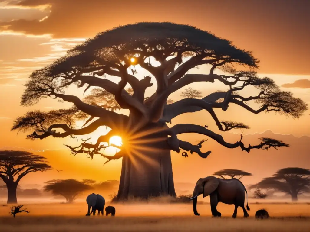 Imagen impresionante de la savana africana al atardecer con un majestuoso árbol Baobab adornado con símbolos y espíritus naturales