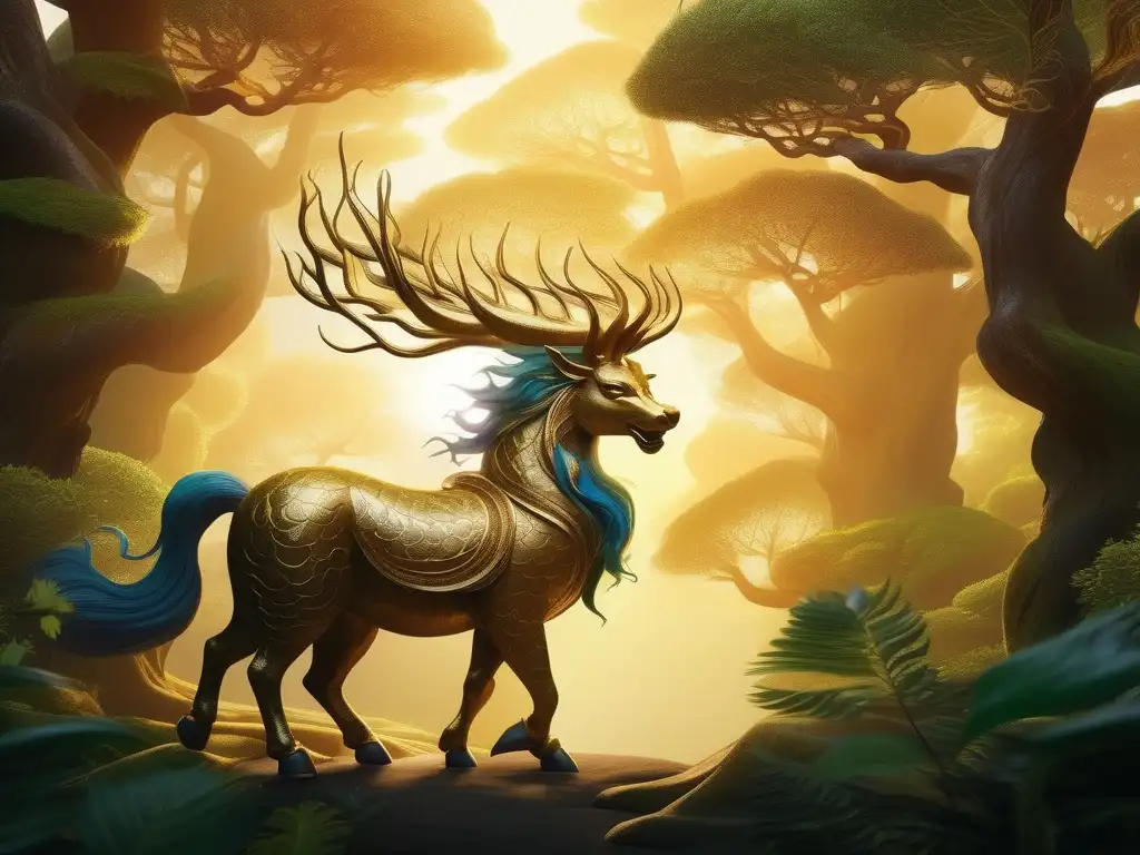 Qilin, unicornio oriental en un bosque místico con criaturas mitológicas chinas