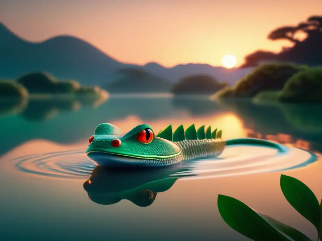 Imagen: Serene escena de río al atardecer con un Kappa, criatura mitológica japonesa de piel verde esmeralda y ojos expresivos