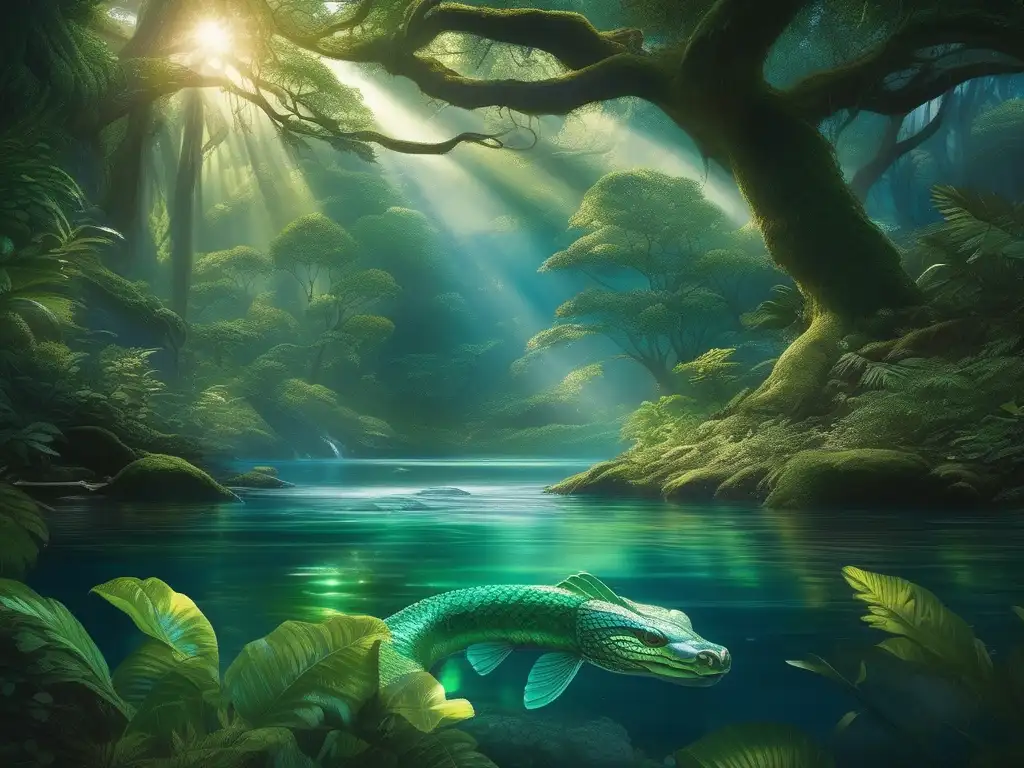 Sereno río fluye por bosque exuberante con Taniwha mitología maorí bestias acuáticas (110 caracteres)