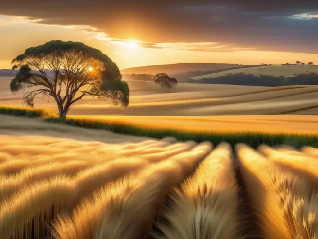 Dioses cosecha y fertilidad en Australia- Paisaje australiano dorado con trigo vibrante y deidades aborígenes