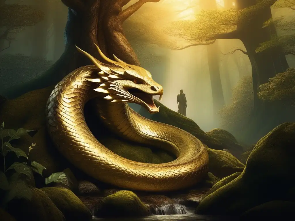 Historia de Ladon, serpiente mitológica en bosque místico