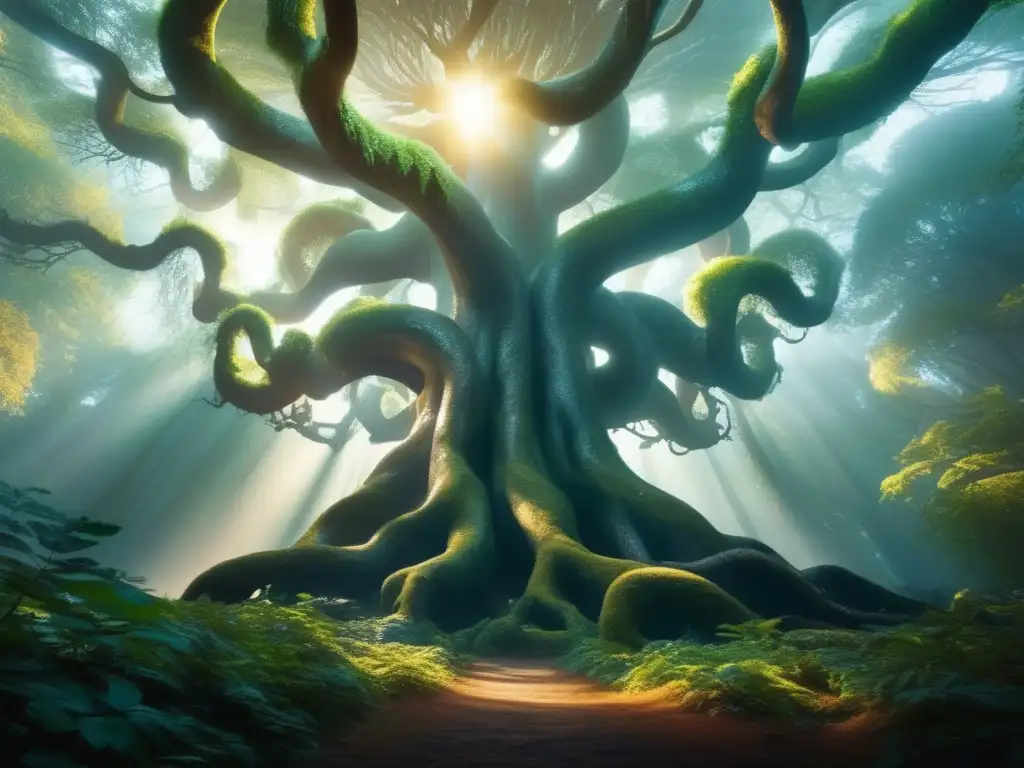 Ser monstruoso en bosque místico Criaturas legendarias y mitológicas en la ciencia ficción: Bosque antiguo con árboles retorcidos y una grotesca criatura cósmica