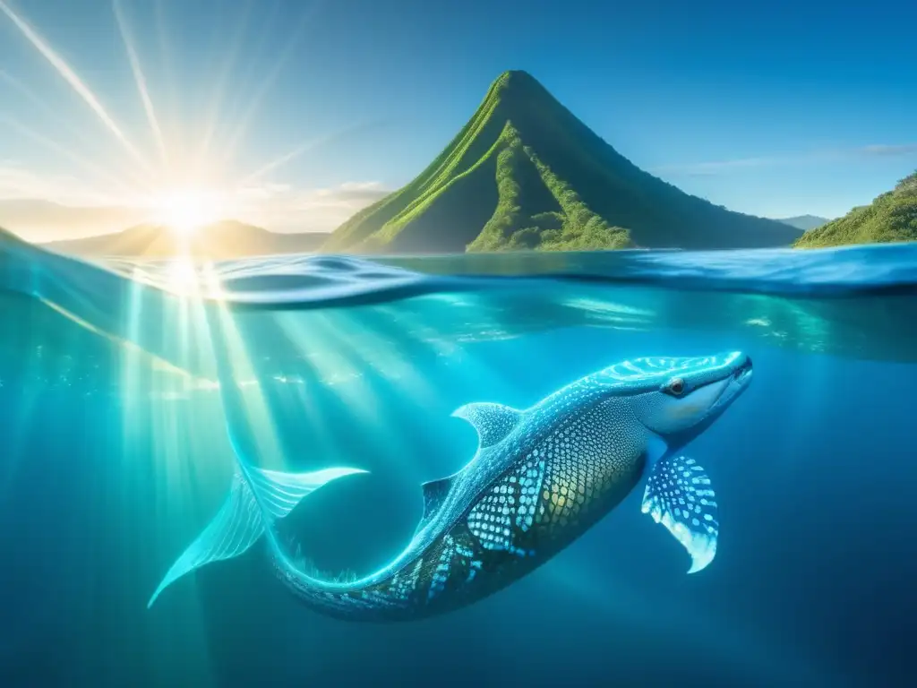 Taniwha marino, mitología maorí, imagen mística y enigmática del océano azul etéreo, con rayos de sol y criaturas marinas