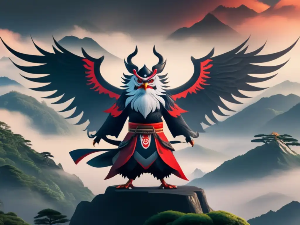 Influencia del Tengu en Japón: Majestuosa imagen ultradetallada de un Tengu en la montaña, envuelto en bruma etérea