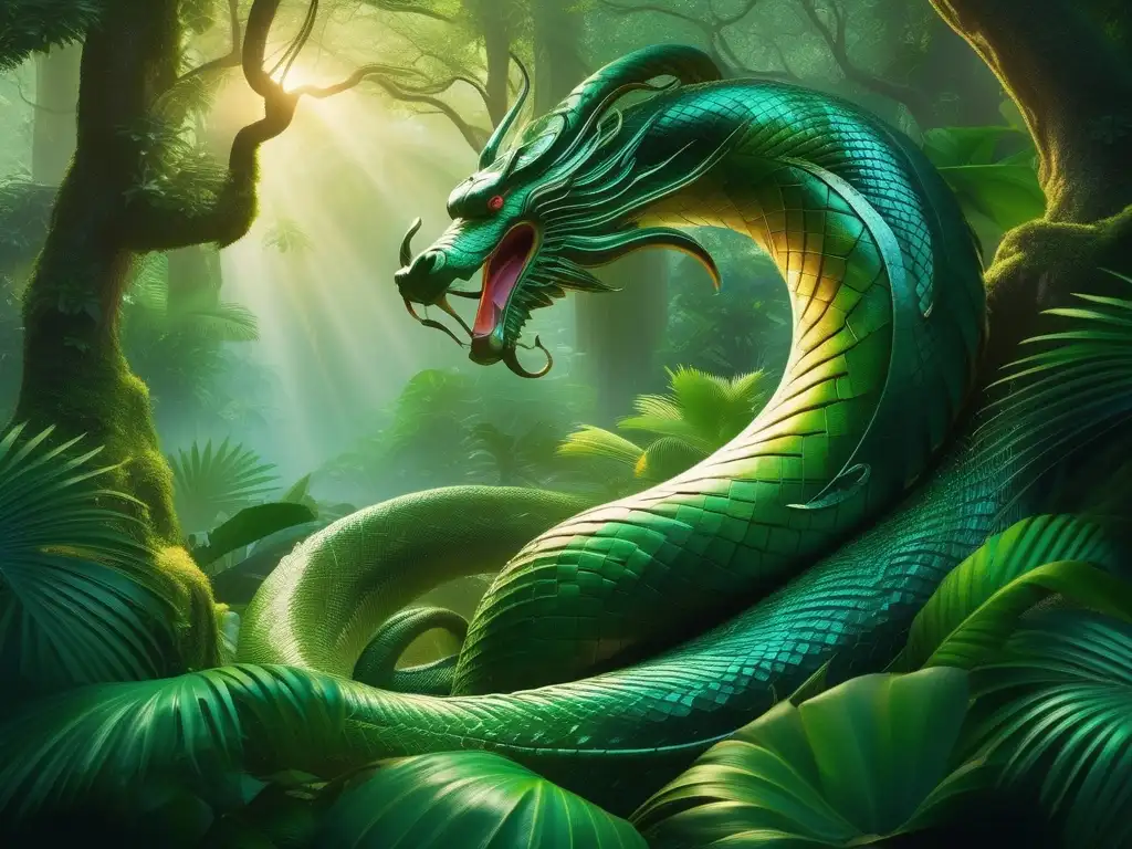 Escena de selva tropical con serpiente Naga: mística y poderosa (110 caracteres)