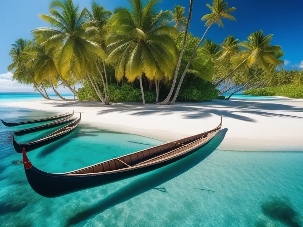 Secretos y leyendas de Oceanía: Imagen de una isla tropical en el Pacífico con aguas azules, palmeras verdes y una canoa polinesia