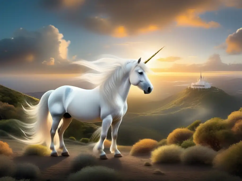 Majestuoso unicornio blanco en un bosque encantado Criaturas míticas en El Señor de los Anillos: Unicornio blanco majestuoso, bosque encantado y montañas nevadas