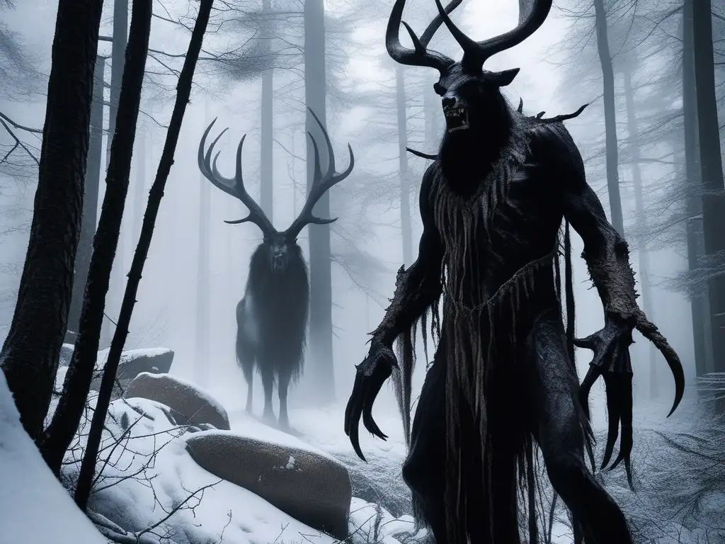 Monstruo Wendigo: Leyendas europeas, terrorífica y etérea imagen de la criatura en el bosque antiguo