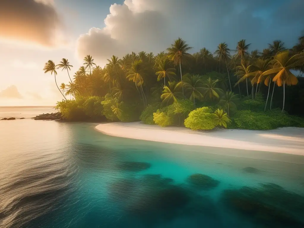 Isla tropical mística con Mo'o mítico Paisaje místico de una isla tropical exuberante emerge de las aguas