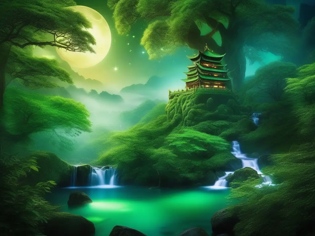 Dragones de jade en cultura oriental - Imagen mística de un majestuoso dragón emergiendo de un estanque, rodeado de un bosque encantado y bañado por la luz lunar