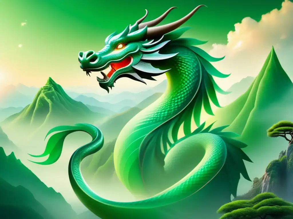 Dragón de jade en cultura oriental: majestuoso y etéreo, con paisaje sereno, montañas verdes y ríos sinuosos