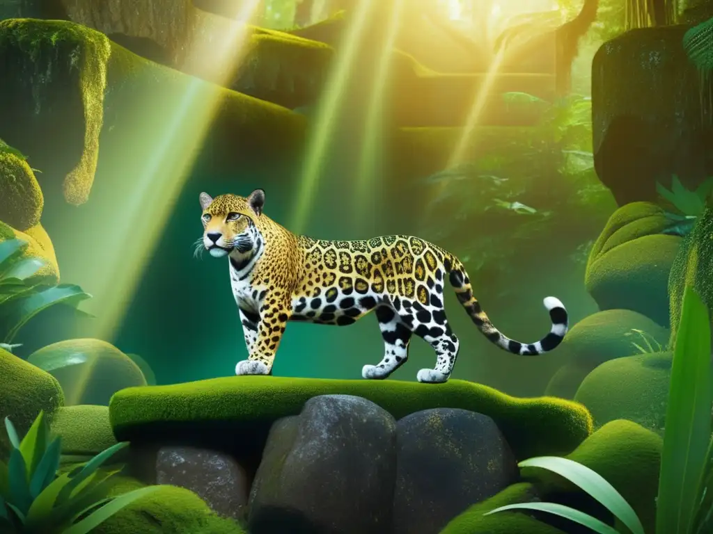 Dioses animales inframundo mesoamericano: jaguar dorado en altar, bosque encantado, luz mágica y mistica