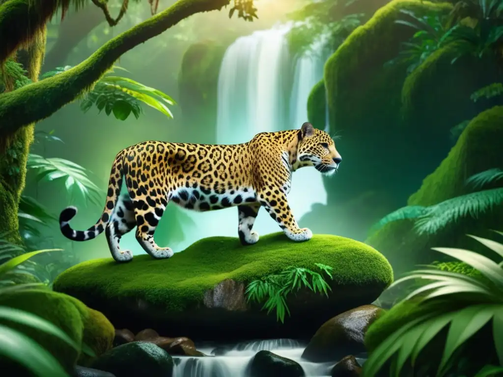 Influencia animales divinos mayas en bosque místico: jaguar poderoso, plantas tropicales vibrantes, luz etérea