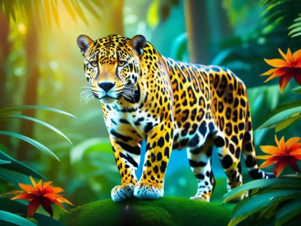 Deidad del jaguar mesoamericano en una selva mágica, con un majestuoso jaguar dorado y flores vibrantes