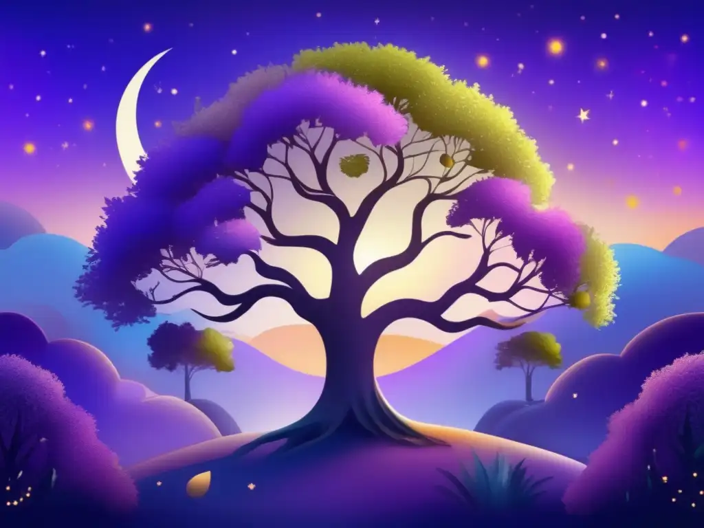 Un jardín celestial con árbol majestuoso, frutos luminosos y flores celestiales invita a imaginar la alimentación de querubines seres celestiales