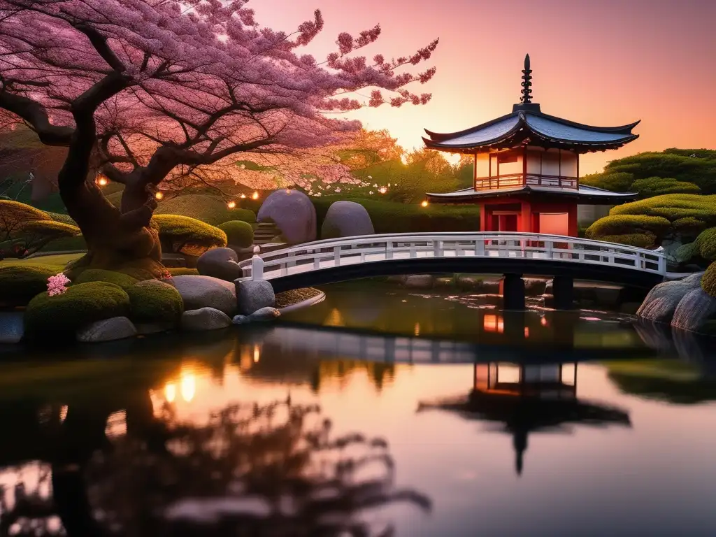 Un jardín japonés al atardecer, lleno de romanticismo y belleza, donde el amor y la mitología se entrelazan