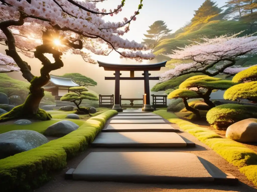 Un hermoso jardín japonés al atardecer, con árboles de cerezo en flor y un zorro Kitsune blanco en la entrada del torii