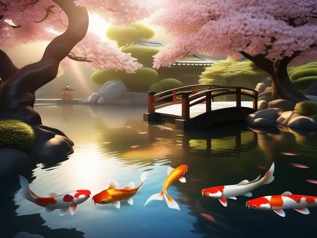 Jardín japonés con Koi dorados: simbolismo y belleza (110 caracteres)