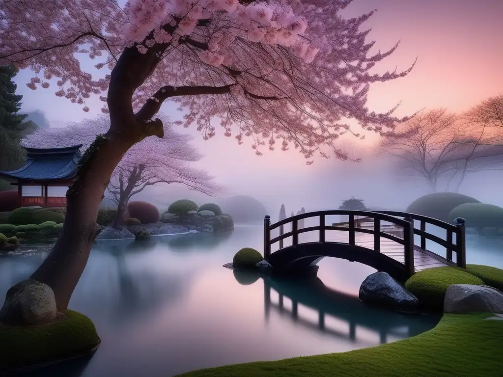 Criaturas Yūrei en mitología japonesa emergen en un jardín japonés al atardecer, rodeado de neblina y belleza etérea