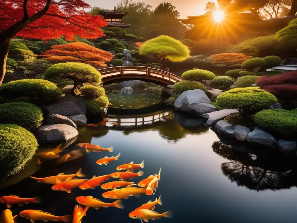 Un jardín japonés sereno con puente de piedra, peces dorados y pagoda refleja el significado del pez dorado en la mitología japonesa