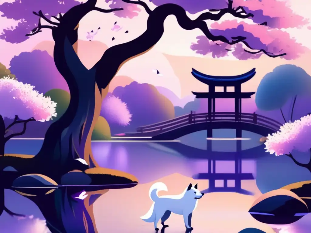 Jardín japonés con perro en la mitología asiática