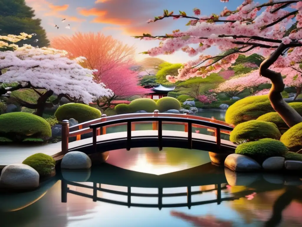 Influencia Yōkai y Obake en arte japonés: Jardín japonés con árboles de sakura, puente de madera y montañas nebulosas