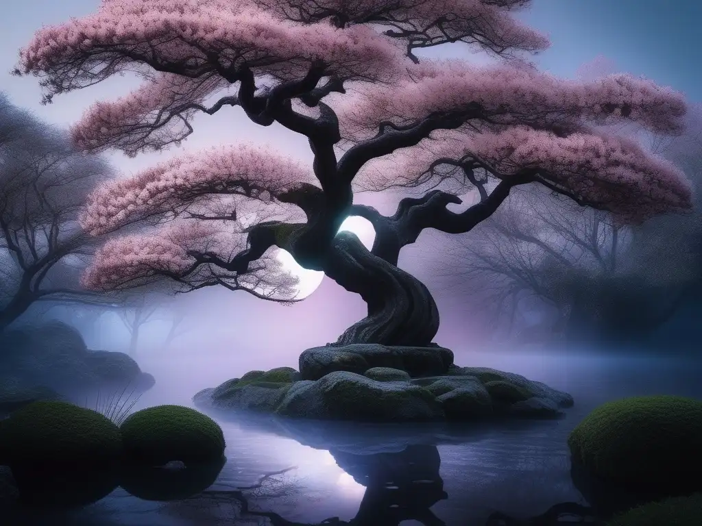 Jardín japonés con árbol de cerezo centenario y espíritus vengativos Onryō en la neblina lunar