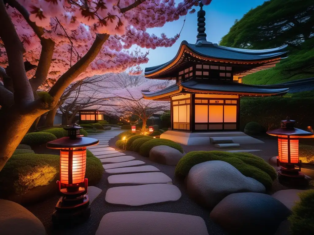 Jardín japonés al atardecer con árboles de cerezo, Yōkai y Obake