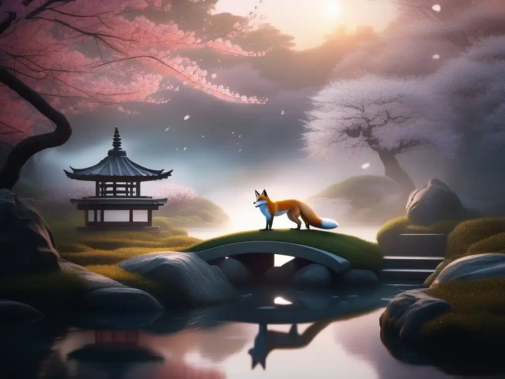 Jardín japonés al anochecer con criaturas míticas Jardín japonés al atardecer con criaturas mitológicas, influencia de criaturas mitológicas japonesas