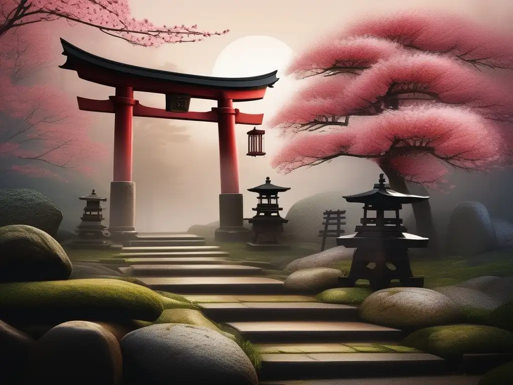 Jardín japonés con niebla, árboles de cerezo y un torii antiguo adornado con carvings y pintura roja desvanecida