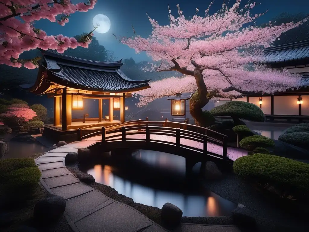 Jardín japonés iluminado por la luna con árboles de cerezo en flor y un yokai místico- Yōkai muerte cultura japonesa