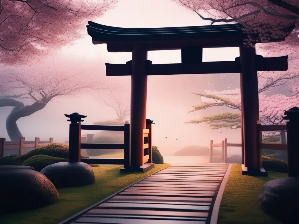 Jardín japonés al atardecer con espíritus y fantasmas en Asia