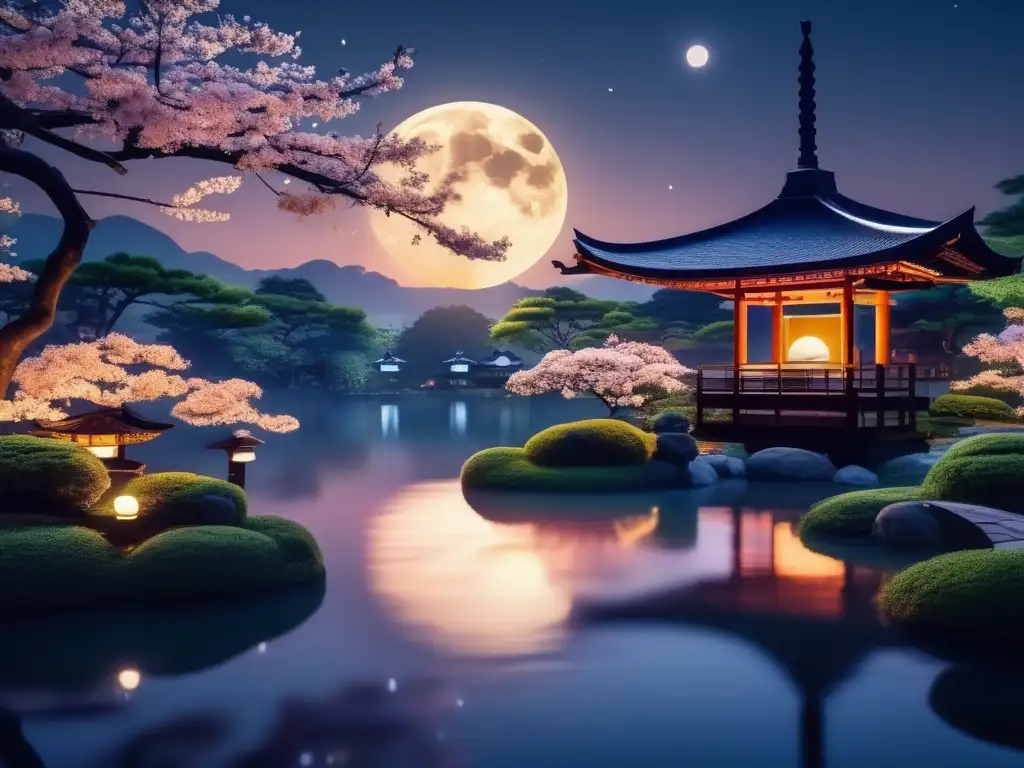 Paisaje nocturno de un jardín japonés con luna llena, reflejando la belleza de los Yōkai de la Luna