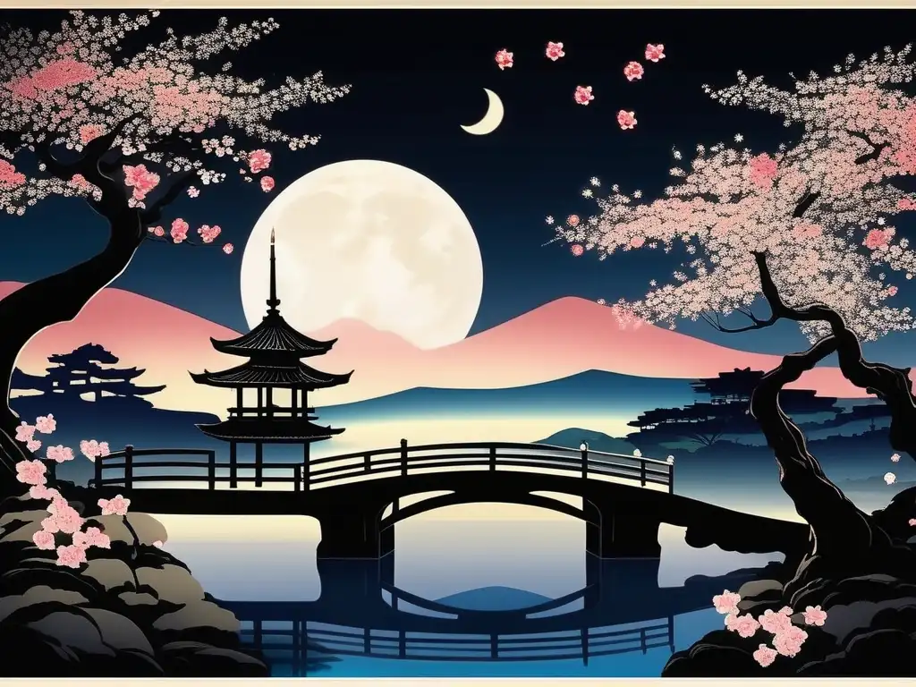 Yōkai de la Luna en el folklore japonés: Jardín nocturno con luna llena, yokai bajo un cerezo en flor y templos antiguos en silueta