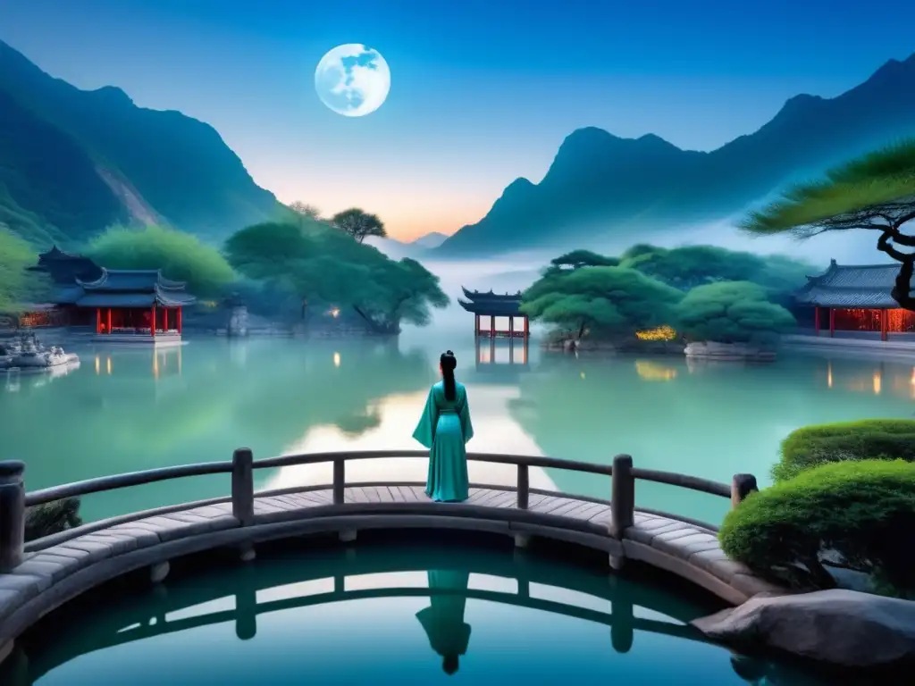 Historias de amor mitología China en un jardín místico, con seres celestiales y amantes mortales, bajo la luna