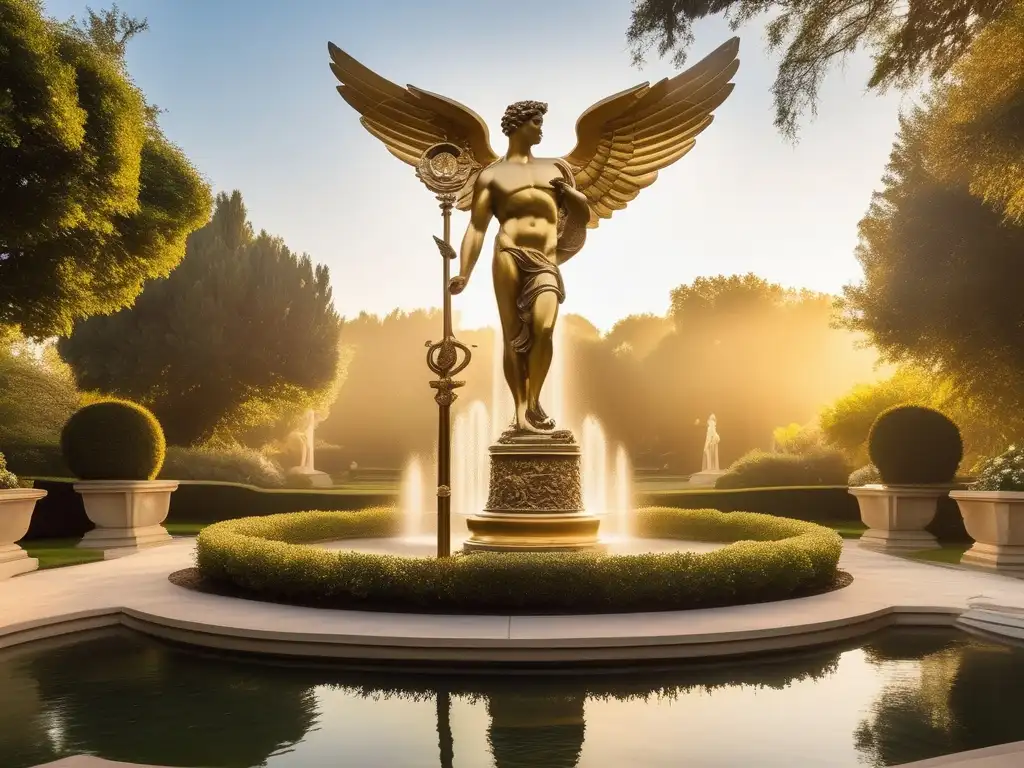 Jardín etéreo con estatua de Mercurio y serpientes, evocando la mitología romana