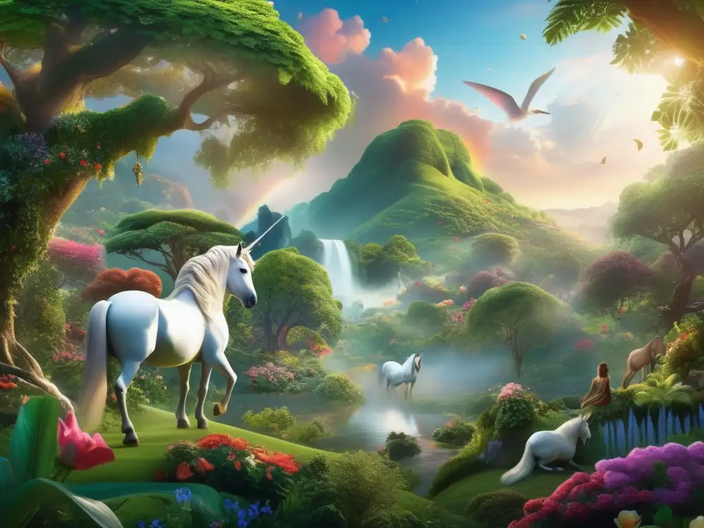 Criaturas mitológicas en El Edén: paisaje mágico con unicornio, fénix y dragón