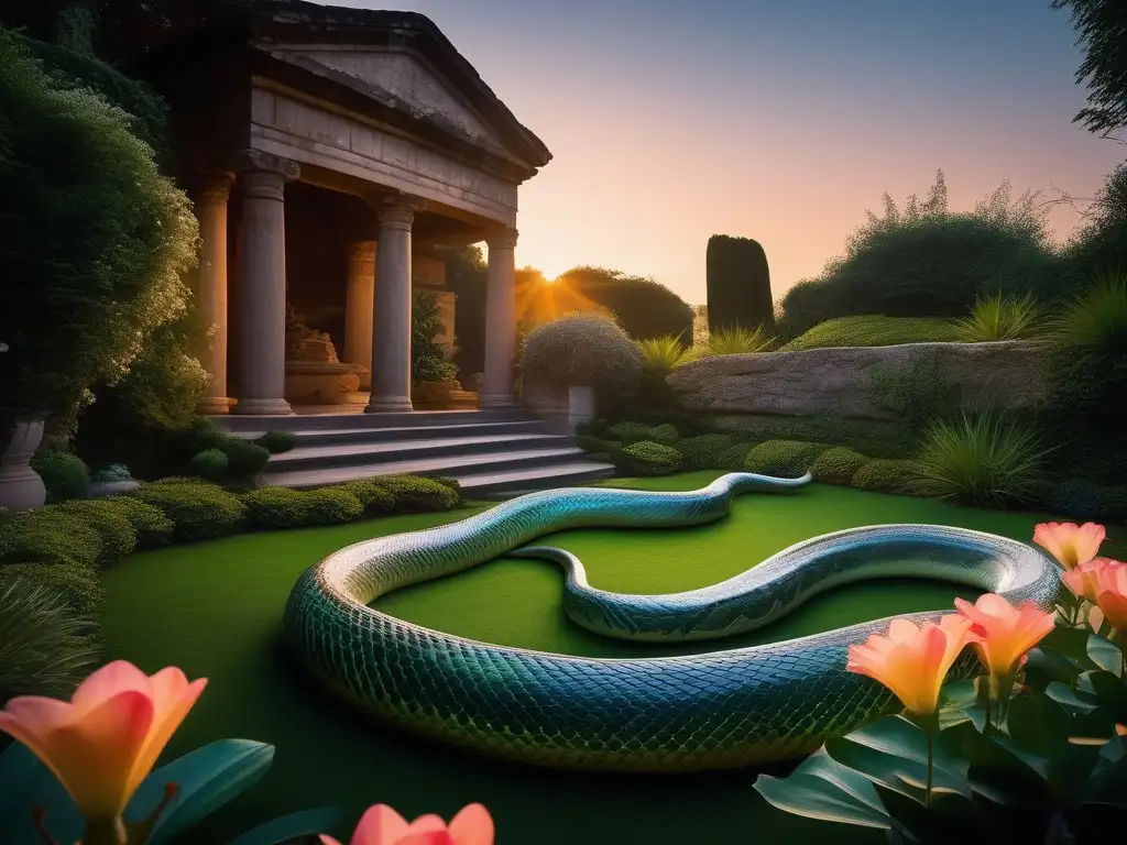 Garden at dusk with snake, flowers, ruins