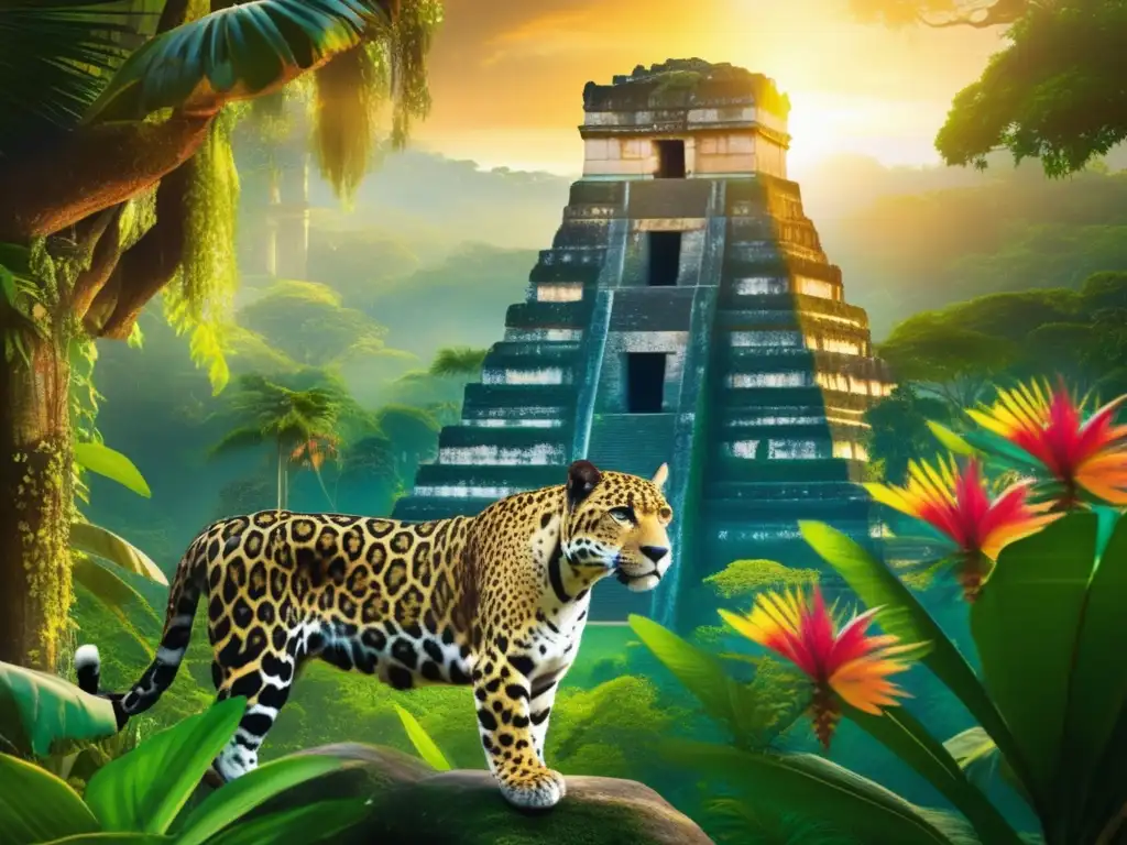 Dioses animales en arte mesoamericano: una jungla vibrante y etérea llena de ruinas antiguas, flora exótica y un jaguar majestuoso