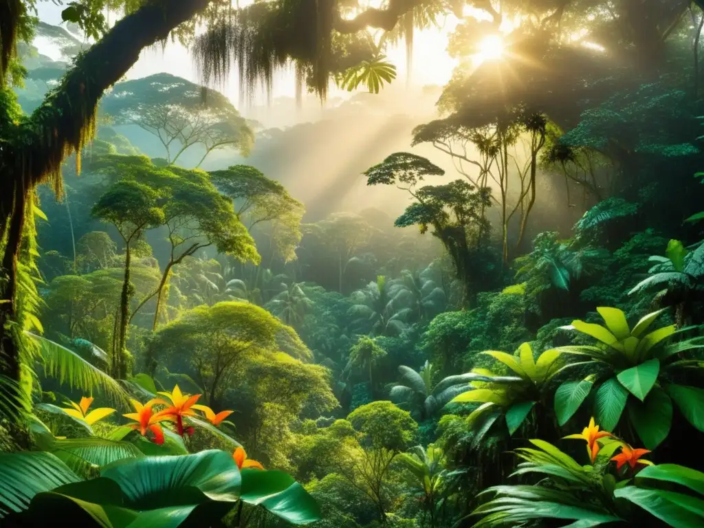 Espíritus de la Selva en la Mitología Americana: Jungle mágica con flora vibrante, árboles imponentes y espíritus etéreos