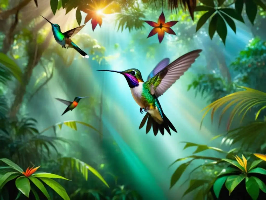 Influencia animales divinos mayas: Colibrí en exuberante jungla maya, iridiscente y místico