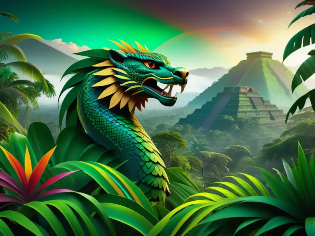 Criaturas mitológicas mesoamericanas en la creación animal en vibrante imagen 8k: Quetzalcoatl, jaguar, Quetzal y monos juguetones