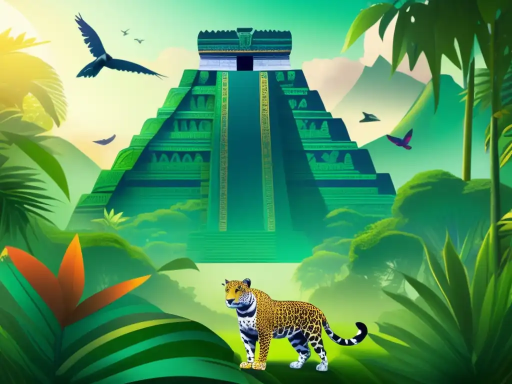 Influencia de animales divinos mayas: Jungla exuberante con templos mayas, aves coloridas y un jaguar majestuoso