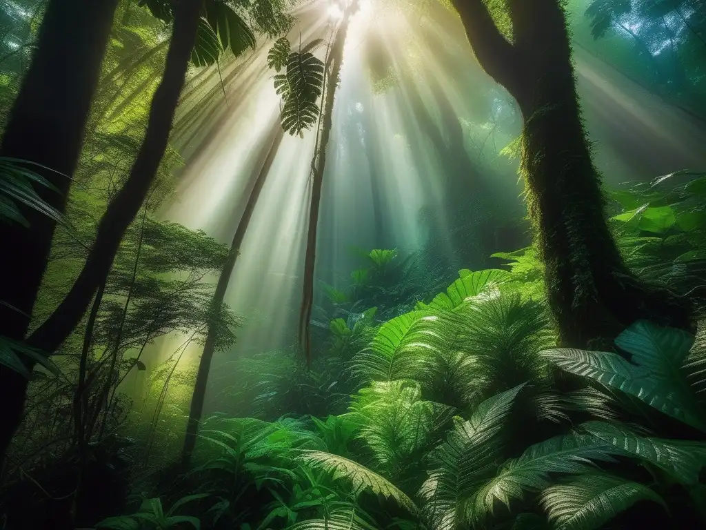 Espíritus de la Selva en leyendas americanas - Una imagen etérea y soñadora emerge de la niebla, mostrando una exuberante selva verde y vibrante