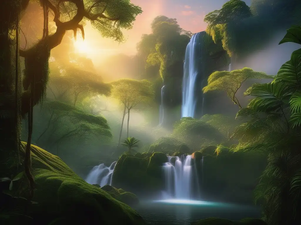 Espíritus míticos en la selva con jaguar y pájaro luminoso